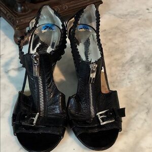 Michael Kors Black Leather Peep-Toe Heels with Front Zip